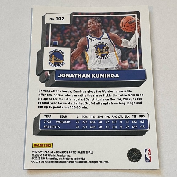 2022-23 JONATHAN KUMINGA GOLDEN STATE WARRIORS Basketball Card #102 - Picture 2 of 2